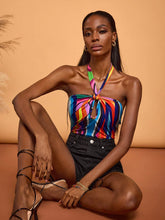 Abeille Creations Women's Multicolor Abstract Art Print Halter Neck Lace-Up Vacation Bodysuit